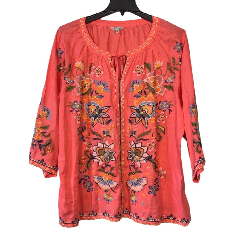 John Mark Womens 3X Coral Linen Embroidered Tie Front Peasant Tunic